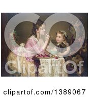 Historical Illustration Of A Caucasian Mother Feeding Her Daughter Breakfast As She Holds A Dog In Her Lap C 1873 Chromolithograph
