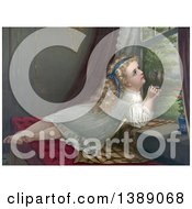 Poster, Art Print Of Blond Haired Blue Eyed Caucasian Girl Lying On A Window Seat Looking Out An Open Window And Listening To The Birds C 1873