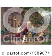 Poster, Art Print Of Grandfather Tending A Broken Kite With Children A Dog Woman And Cats In The Yard
