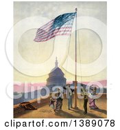 Group Of People Raising American Flag Against The US Capitol C1876