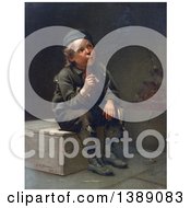 Poster, Art Print Of Poor Tattered Caucasian Boy Sitting On A Box And Smoking A Cigar C 1873
