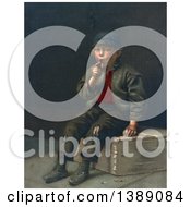 Poster, Art Print Of Poor Tattered Caucasian Boy Sitting On A Box And Smoking A Cigar C 1873
