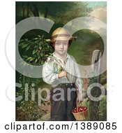 Poster, Art Print Of Caucasian Farmer Boy Holding A Branch And Basket Of Cherries C1871