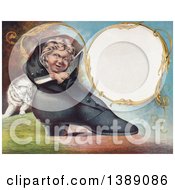 Poster, Art Print Of Caucasian Boy Peeking Out Of A Womans Boot With A Cat Sheaking Around The Back And A Blank Frame