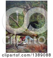 Poster, Art Print Of Bear On A Log Over A Boy With A Rifle And A Dead Bird Crawling Under A Fallen Tree In The Forest C1872