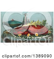 Poster, Art Print Of Cooked Lobster Served On A Platter With Celery Hardboiled Eggs And Other Containers On A Table C1877