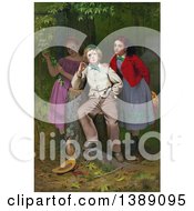 Historical Illustration Of A Boy Leaning On A Tree Stump Pondering His Future Happiness With Either Of Two Young Girls Standing Behind Him C1871 Chromolithograph by JVPD
