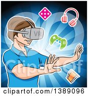 Clipart Of A Boy Using A Virtual Reality Set Over Blue Rays Royalty Free Vector Illustration by cidepix