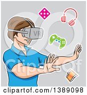 Clipart Of A Boy Using A Virtual Reality Set Over Gray Royalty Free Vector Illustration