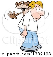 Clipart Of A Cartoon Blond White Man With A Monkey On His Back Royalty Free Vector Illustration