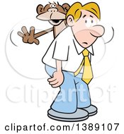 Clipart Of A Cartoon Blond White Business Man With A Monkey On His Back Royalty Free Vector Illustration by Johnny Sajem
