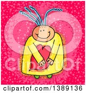 Clipart Of A Sketched Happy Girl Holding A Heart Over Pink Royalty Free Illustration