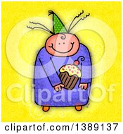 Poster, Art Print Of Sketched Happy Child Holding A Cupcake Over Yellow