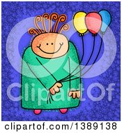 Poster, Art Print Of Sketched Happy Child Holding Party Balloons Over Blue