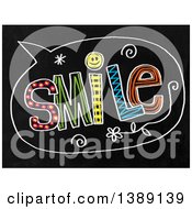 Poster, Art Print Of Doodled Chalk Speech Balloon With Smile Text On A Black Board