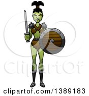 Clipart Of A Female Orc Holding A Sword And Shield Royalty Free Vector Illustration