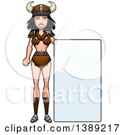 Clipart Of A Barbarian Woman By A Blank Sign Royalty Free Vector Illustration