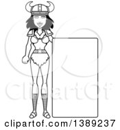 Clipart Of A Black And White Lineart Barbarian Woman By A Blank Sign Royalty Free Vector Illustration