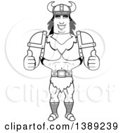 Clipart Of A Black And White Lineart Buff Barbarian Man Giving Two Thumbs Up Royalty Free Vector Illustration