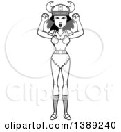 Clipart Of A Black And White Lineart Mad Barbarian Woman Waving Her Fists Royalty Free Vector Illustration