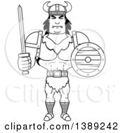 Black And White Lineart Buff Barbarian Man Holding A Sword And Shield