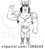 Clipart Of A Black And White Lineart Buff Barbarian Man Holding Up A Finger Royalty Free Vector Illustration