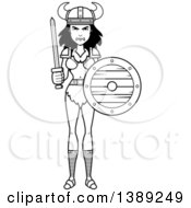 Poster, Art Print Of Black And White Lineart Barbarian Woman Holding A Sword And Shield