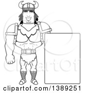 Clipart Of A Black And White Lineart Buff Barbarian Man By A Blank Sign Royalty Free Vector Illustration by Cory Thoman