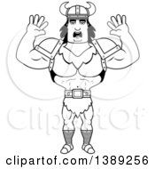 Clipart Of A Black And White Lineart Scared Buff Barbarian Man Royalty Free Vector Illustration by Cory Thoman