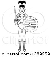 Clipart Of A Black And White Lineart Female Orc Holding A Sword And Shield Royalty Free Vector Illustration by Cory Thoman
