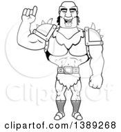 Clipart Of A Black And White Lineart Buff Male Orc Holding Up A Finger Royalty Free Vector Illustration