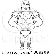 Clipart Of A Black And White Lineart Sly Buff Male Orc With Hands On His Hips Royalty Free Vector Illustration