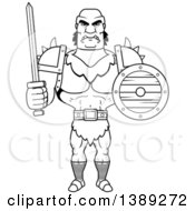 Clipart Of A Black And White Lineart Buff Male Orc Holding A Sword And Shield Royalty Free Vector Illustration