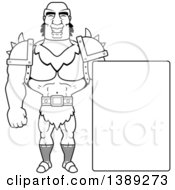 Clipart Of A Black And White Lineart Buff Male Orc With A Blank Sign Royalty Free Vector Illustration