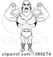Clipart Of A Black And White Lineart Mad Buff Male Orc Waving His Fists Royalty Free Vector Illustration
