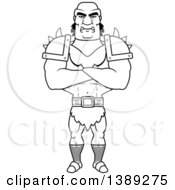 Clipart Of A Black And White Lineart Buff Male Orc With Folded Arms Royalty Free Vector Illustration