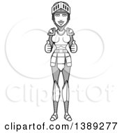 Clipart Of A Black And White Lineart Female Knight Giving Two Thumbs Up Royalty Free Vector Illustration
