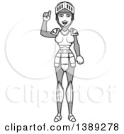 Clipart Of A Black And White Lineart Female Knight Holding Up A Finger Royalty Free Vector Illustration by Cory Thoman
