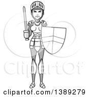 Clipart Of A Black And White Lineart Female Knight Holding A Sword And Shield Royalty Free Vector Illustration by Cory Thoman