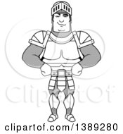 Clipart Of A Black And White Lineart Sly Buff Male Knight With Hands On His Hips Royalty Free Vector Illustration