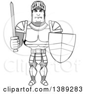 Clipart Of A Black And White Lineart Buff Male Knight Holding A Sword And Shield Royalty Free Vector Illustration
