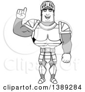 Clipart Of A Black And White Lineart Buff Male Knight Holding Up A Finger Royalty Free Vector Illustration