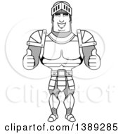 Clipart Of A Black And White Lineart Buff Male Knight Giving Two Thumbs Up Royalty Free Vector Illustration