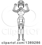 Clipart Of A Black And White Lineart Mad Female Knight Waving Her Fists Royalty Free Vector Illustration