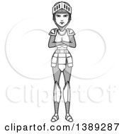 Clipart Of A Black And White Lineart Female Knight With Folded Arms Royalty Free Vector Illustration by Cory Thoman
