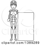 Poster, Art Print Of Black And White Lineart Female Knight By A Blank Sign