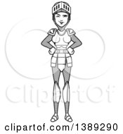 Clipart Of A Black And White Lineart Sly Female Knight With Hands On Her Hips Royalty Free Vector Illustration