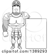 Clipart Of A Black And White Lineart Buff Male Knight By A Blank Sign Royalty Free Vector Illustration