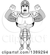 Clipart Of A Black And White Lineart Mad Buff Male Knight Waving His Fists Royalty Free Vector Illustration