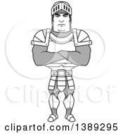 Clipart Of A Black And White Lineart Buff Male Knight With Folded Arms Royalty Free Vector Illustration